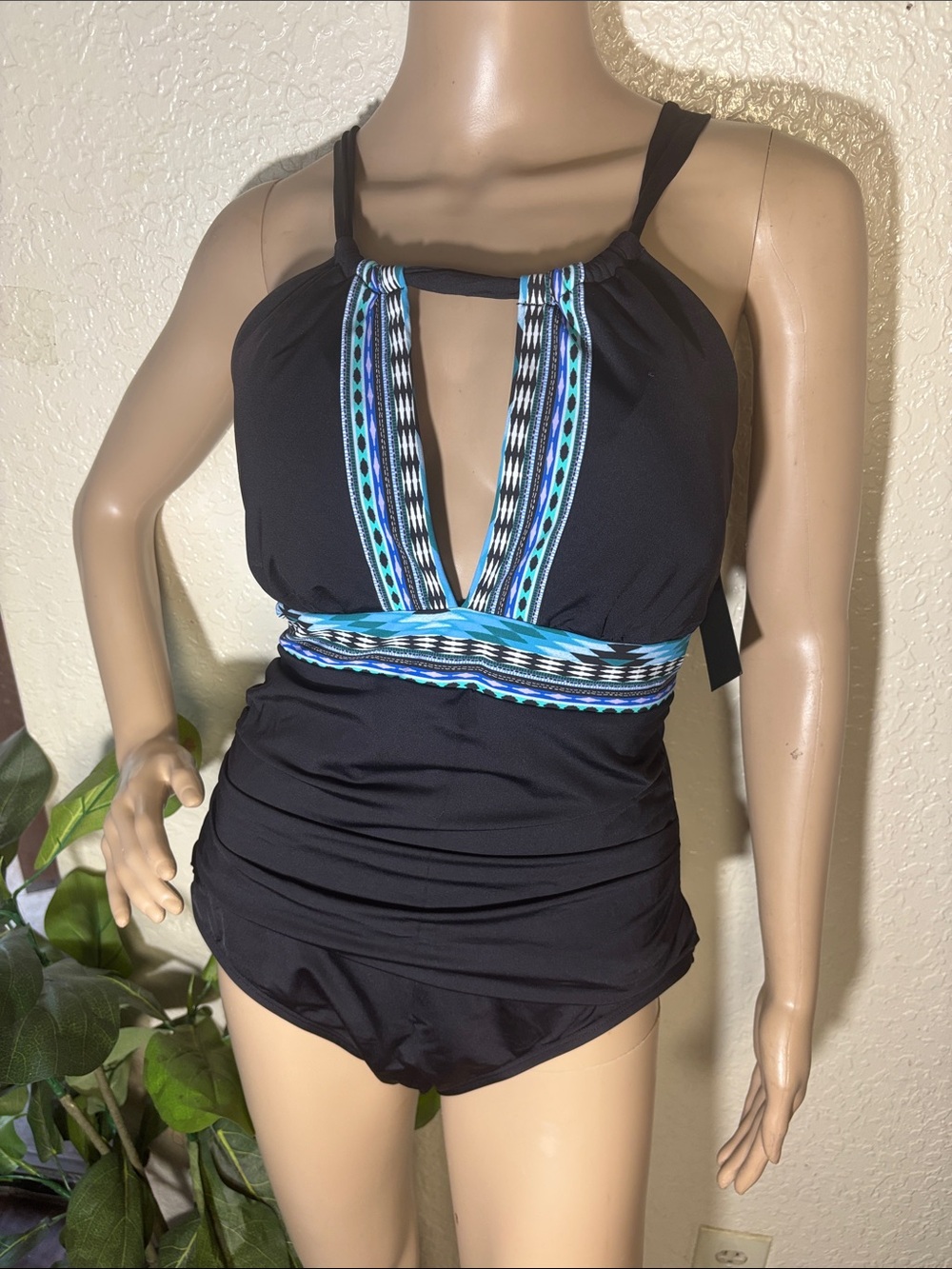 One-Piece Swimsuit with Blue Trim tummy control tie at the back
